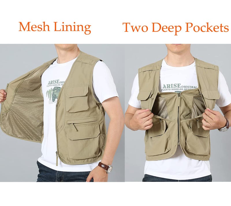 Flygo Men's Utility Cargo Vest Outdoor Summer Work Photo Fishing Safari Travel Vest with Pockets(01Khaki-M) - Image 4